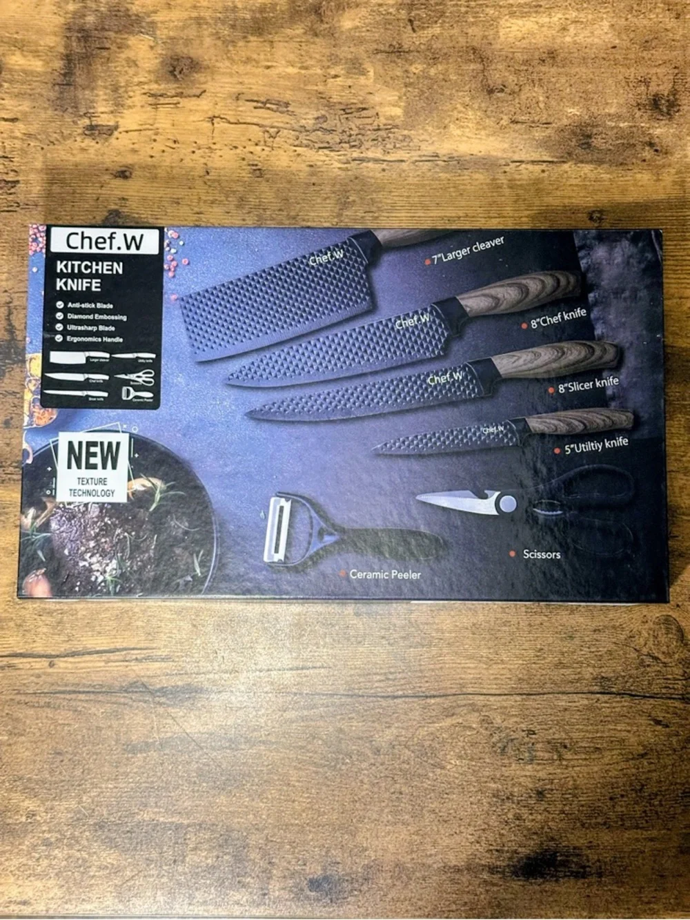 Black 6-Piece Textured Kitchen Knife Set with Peeler & Scissors New Without Tags